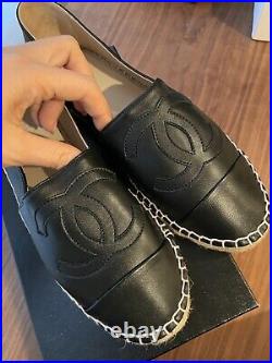 NIB AUTH Chanel CC Black Lambskin Leather Espadrilles Shoes Size 39
