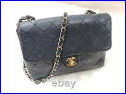 VTG Auth Chanel Classic Blue Lambskin Mini Rectangular Single Flap Bag Gold HW